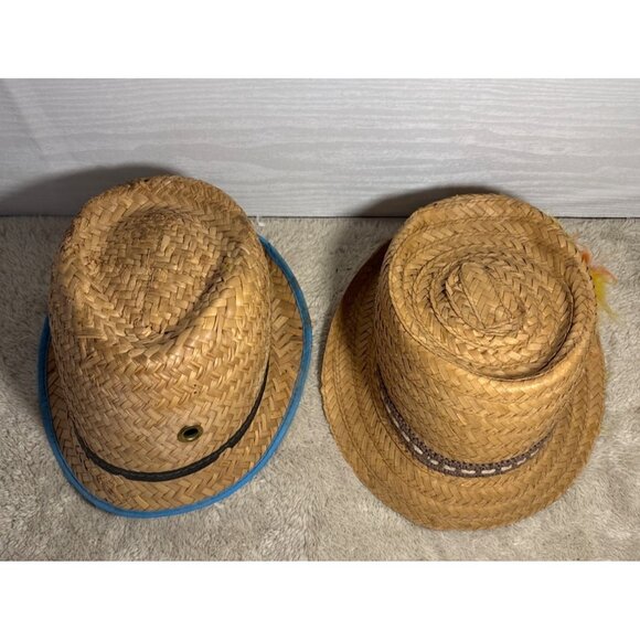 Woven Straw Fedora Hats With Decorative Bands & Accents Set Of 2 - Picture 3 of 11